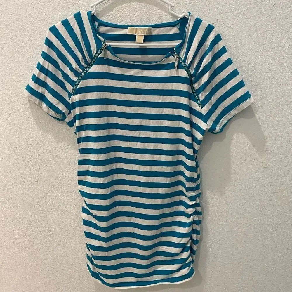 Michael Kors Blue and White Ruched Top Size Large